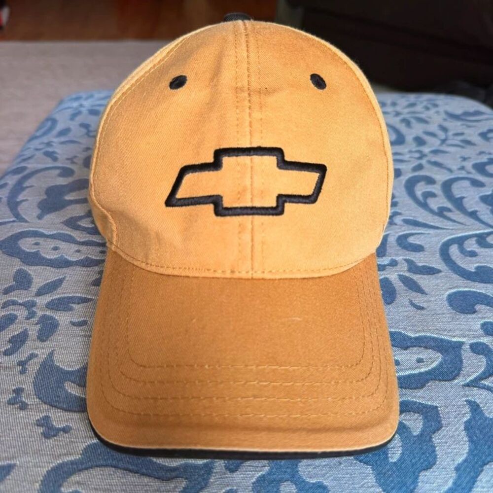 Vintage Chevrolet Bowtie Logo Adjustable Dad Hat Tan Black GM Strapback